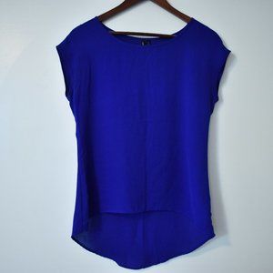 Love Haight royal blue chiffon sleeveless blouse with a high low hem